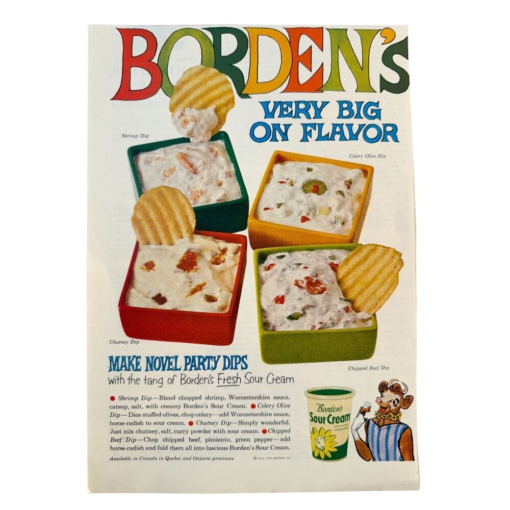 Vintage 1960 Borden's Sour Cream Party Dip Food Advertisement Print Ad